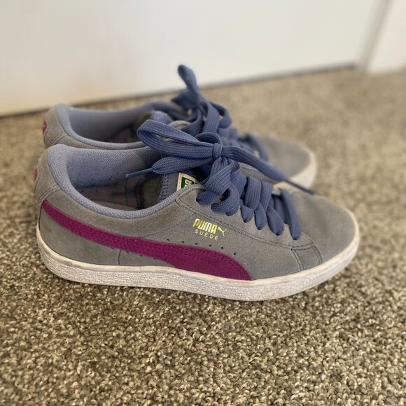Puma Suede Grey Blue Purple Sneakers Shoes School Kids Girls Youth Size 4 - Picture 4 of 6